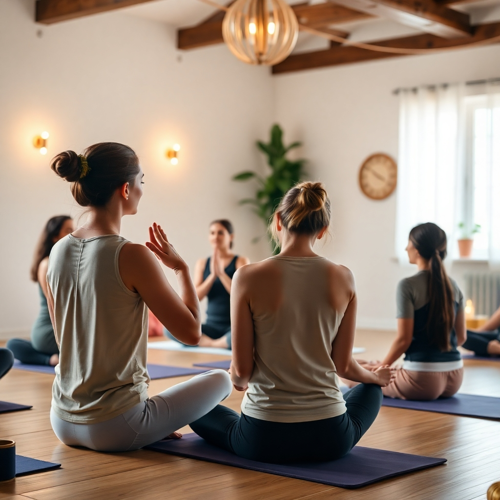 A tranquil scene capturing a group of students engaged in a breathwork session. The room is filled with soft lighting and calming decorations, encouraging focus and relaxation. The instructor demonstrates breath techniques, while students follow along, highlighting community learning. The image conveys a harmonious blend of energy and peace, reflecting the core principles of breathwork in yoga training.