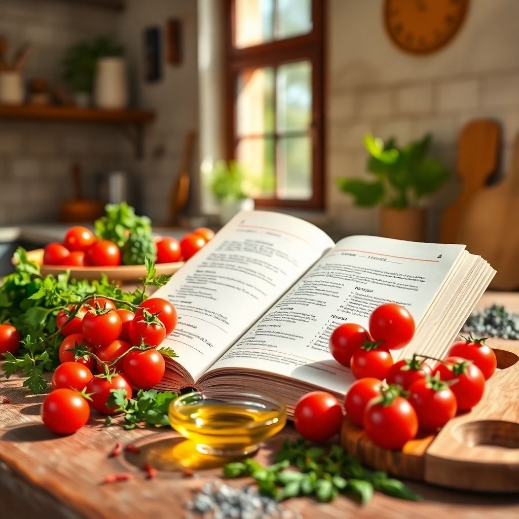 A vibrant and inviting scene showcasing a recipe book open to a colorful page filled with healthy recipes. The book is placed on a rustic kitchen countertop, surrounded by fresh, organic ingredients such as cherry tomatoes, herbs, and spices. The lighting is warm and inviting, with sunlight streaming in from a nearby window, creating a cheery atmosphere. The color palette features earthy tones with pops of bright colors from the ingredients. The camera angle is slightly tilted, drawing attention to both the recipes and the fresh produce in the foreground. Textures include the smoothness of the recipe pages, the freshness of the vegetables, and the sheen of olive oil in a small dish nearby. Additional elements like a wooden spoon, a cutting board, and scattered herbs suggest an active cooking environment. The image should be hyperrealistic, capturing the essence of healthy cooking, in 8K resolution, inspired by the style of renowned culinary photographer David Loftus.