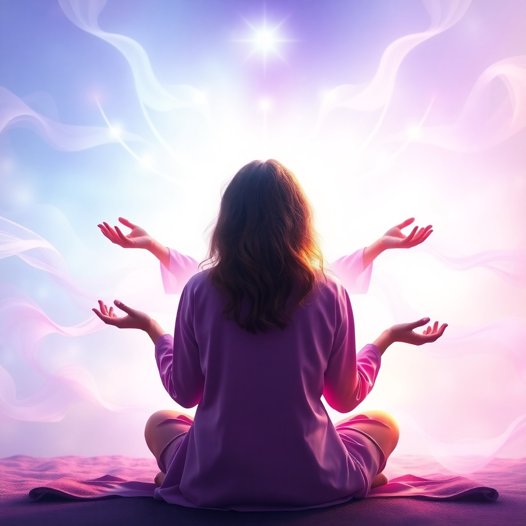 A vibrant artistic representation of a spiritual counselor leading a guided meditation session, surrounded by ethereal visual effects created by SpiritPro, such as flowing colors and gentle shapes in the backdrop. The scene conveys a connection to the spirit, enhanced by serene colors like lavender and light blue, which blend harmoniously throughout the image.