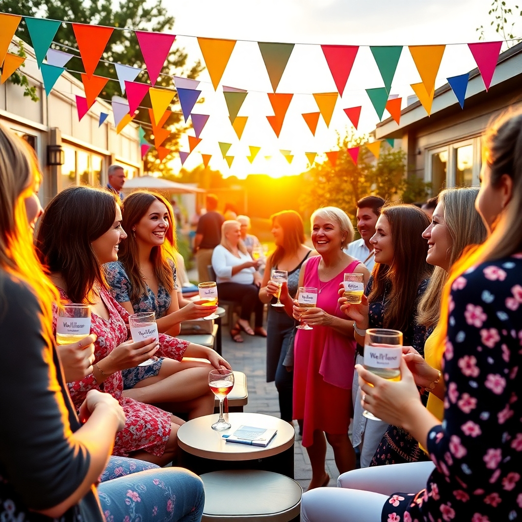 A vibrant group scene at a networking event with wellness professionals exchanging ideas and laughter. The setting is an outdoor garden party with colorful bunting and lounge areas. The sun sets in the background, casting a warm glow. Different individuals of varying backgrounds engage actively, holding drinks and cards showcasing their practices. The image palette is fun and lively, filled with splashes of color. Camera angle captures the camaraderie and spirited discussions. This image should be stylized with a cheerful and dynamic mood.