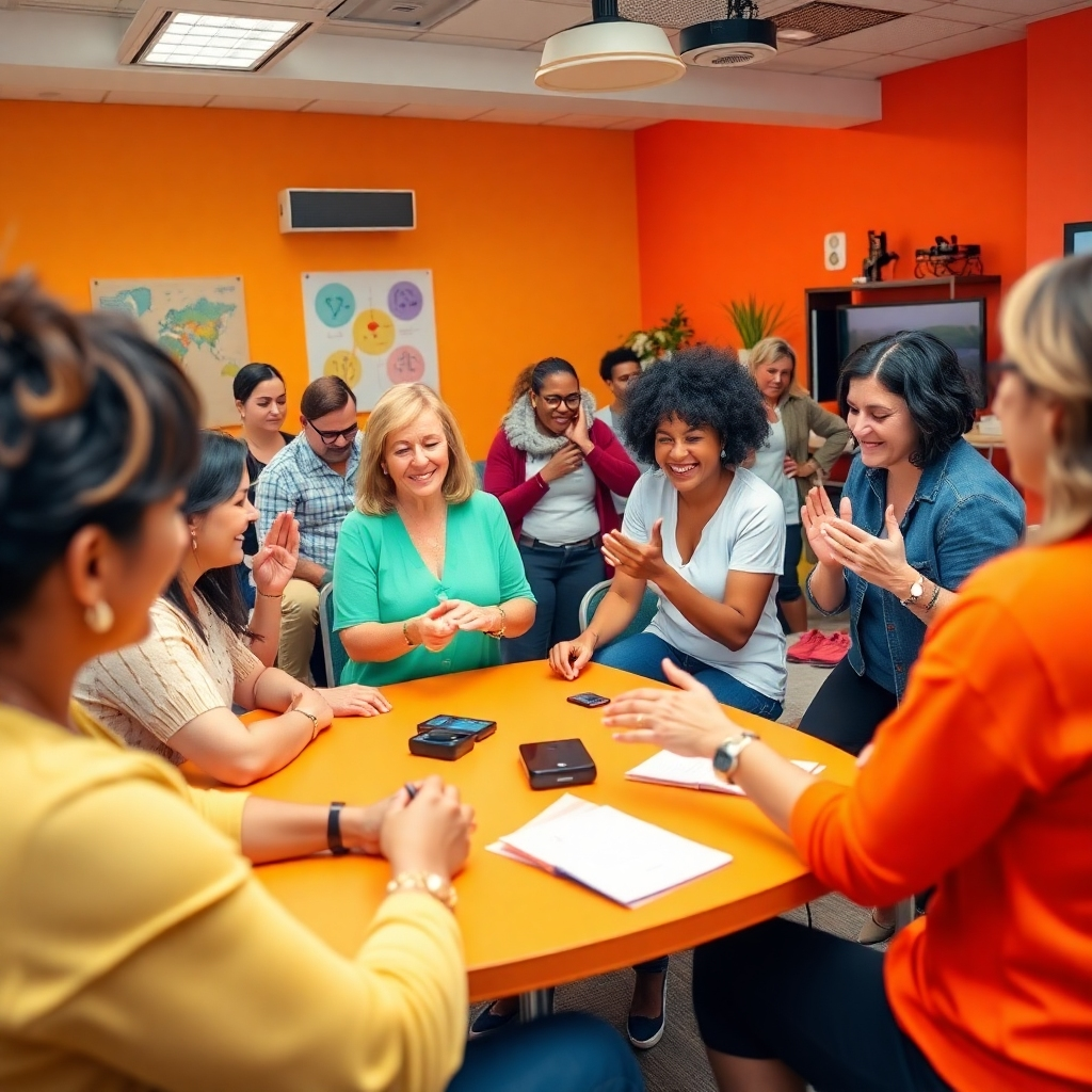 A vibrant image capturing a wellness workshop, where attendees participate in group activities designed to enhance their pain management skills. The setting is energetic and empowering, filled with moments of collaboration and shared experiences. Bright colors emphasize active participation, and technical equipment is used as props. The camera angle provides an engaging overview of the energy in the room, focusing on the enthusiastic expressions of the professionals. The image should highlight the movement and collaboration and be presented in high quality.