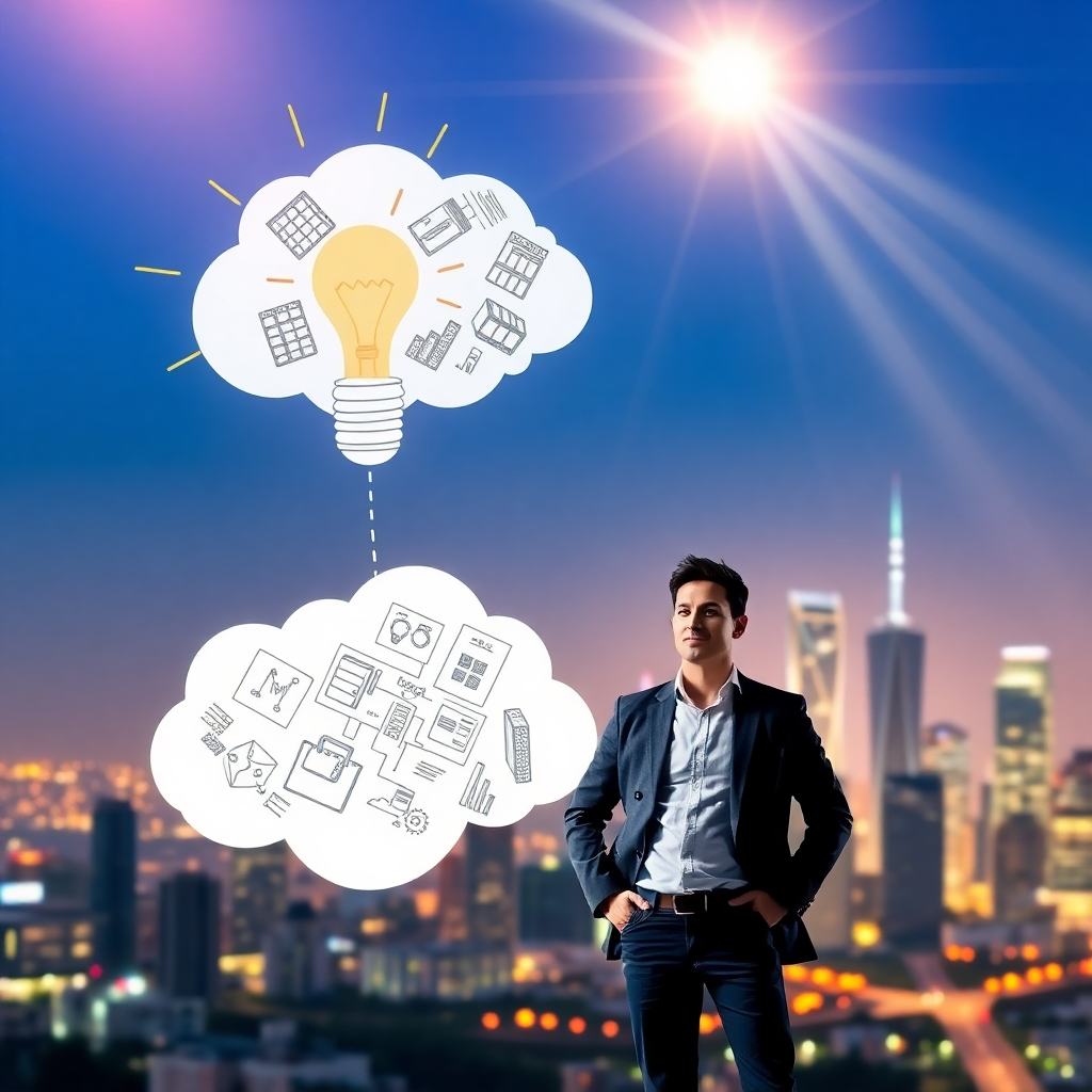 A vibrant image illustrating the transformation of a business idea into reality. The foreground shows a thought cloud with sketches turning into a blueprints. A confident entrepreneur stands beside it, looking ambitious. The background highlights a city skyline symbolizing opportunities ahead, complemented by bright, optimistic lighting that signifies hope and potential.