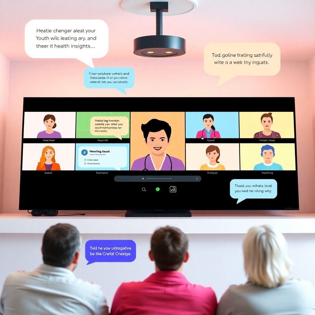 A vibrant image showcasing a webinar platform with multiple attendees interacting from various locations. The setting is colorful and engaging; digital speech bubbles illustrate discussion topics and health insights. Soft, neutral lighting enhances the focus on the speaker, while animated graphics in the background reflect the dynamic nature of the content being delivered. The imagery fosters a sense of connection and community among participants.