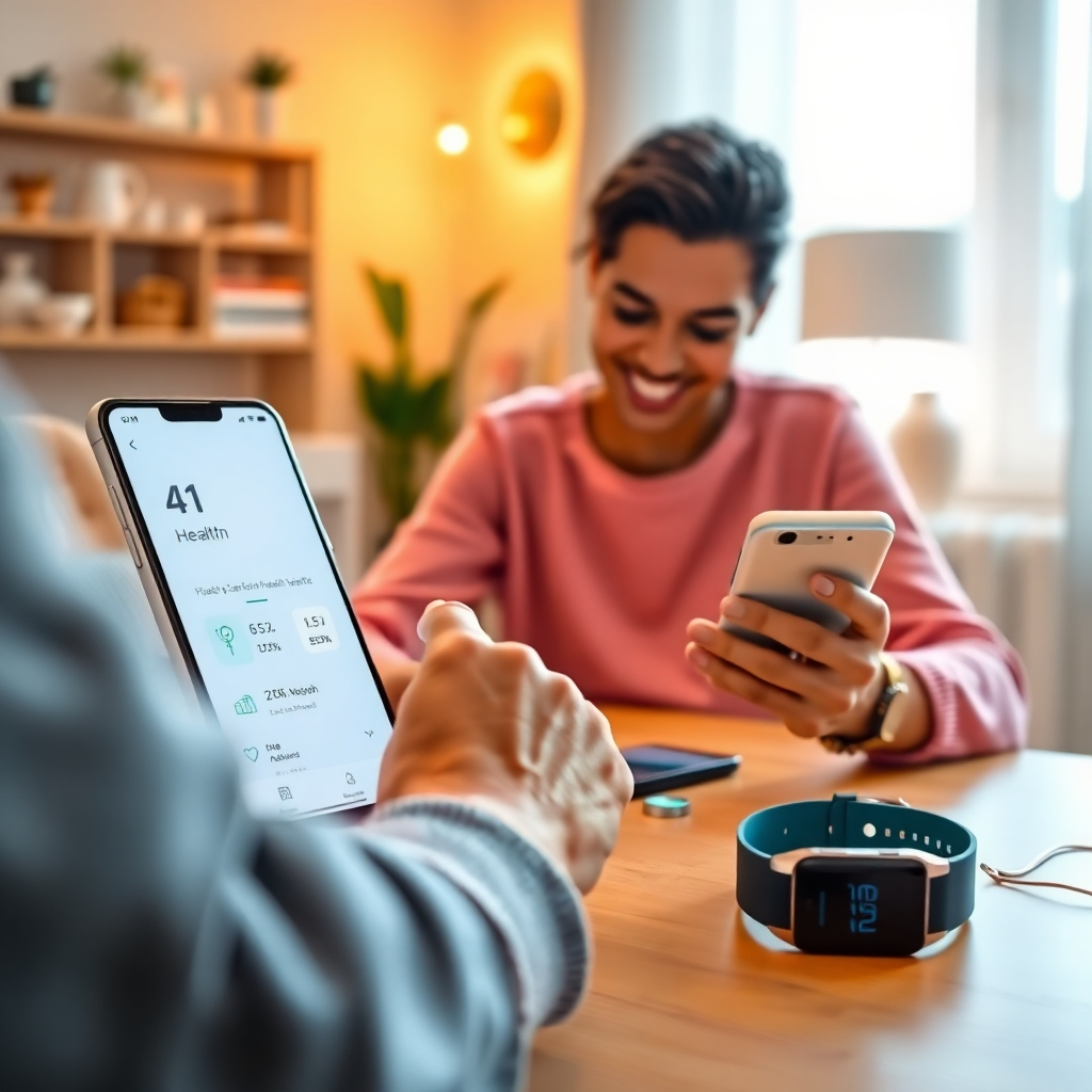 A vibrant, photorealistic image showcasing a user interacting with an AI health app on a smartphone. The setting includes a cozy home environment with bright, inviting lighting. The interface of the app is visible and clearly displays health data analytics. Various health tools like a smartwatch can be seen on the table, symbolizing an integrated health ecosystem. The colors should be bright and uplifting, portraying a sense of empowerment and health awareness.