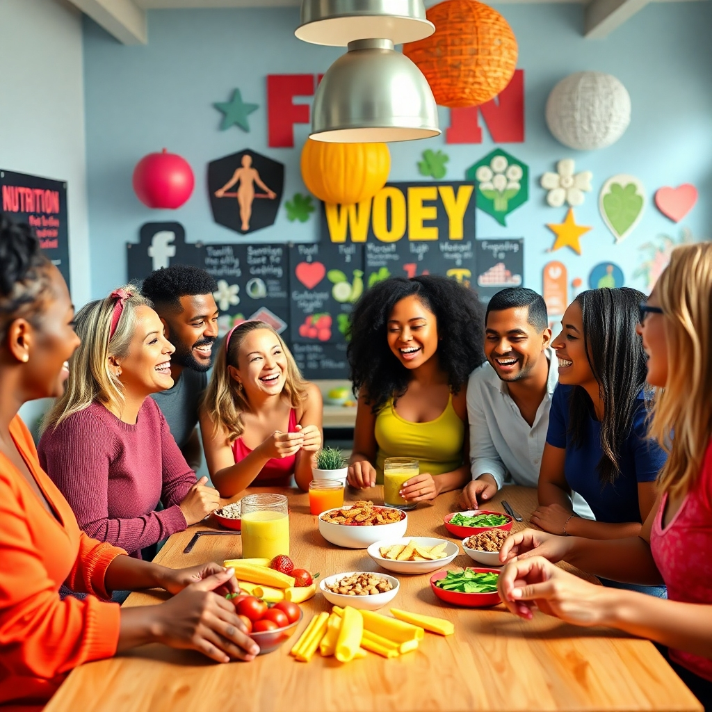 A vibrant, photorealistic image depicting a diverse group of people gathered around a table with healthy snacks, laughing and discussing their dietary goals. The scene is bright and cheerful, with various fitness and nutrition-themed decorations in the background.