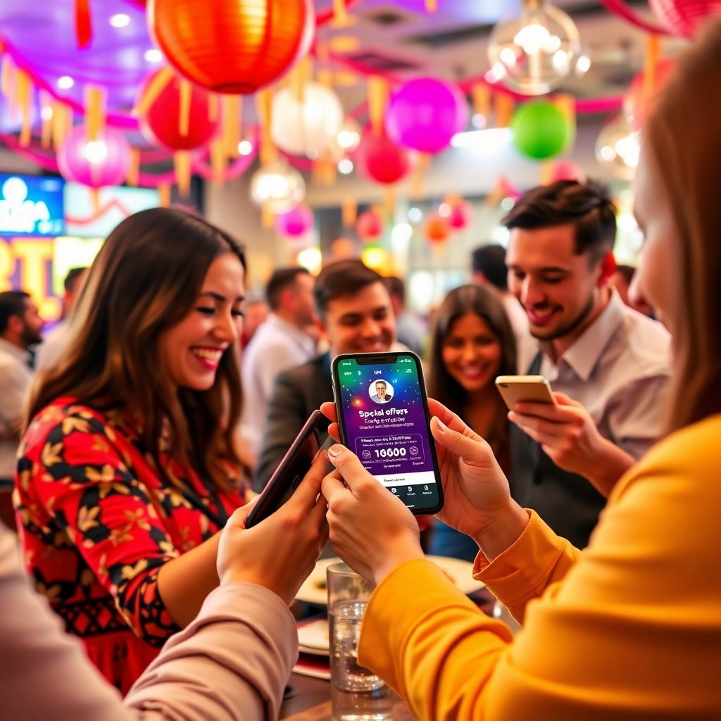 A vibrant scene illustrating customers happily engaging with special offers on their phones during a restaurant event. The background showcases decorations related to the promotional theme, and enthusiastic guests interacting with staff. Bright, celebratory colors should fill the frame, creating excitement and engagement. The details of the smartphone display with Onexxa’s app must be visible, showcasing customer engagement. The image should be hyperrealistic and in 8K resolution.