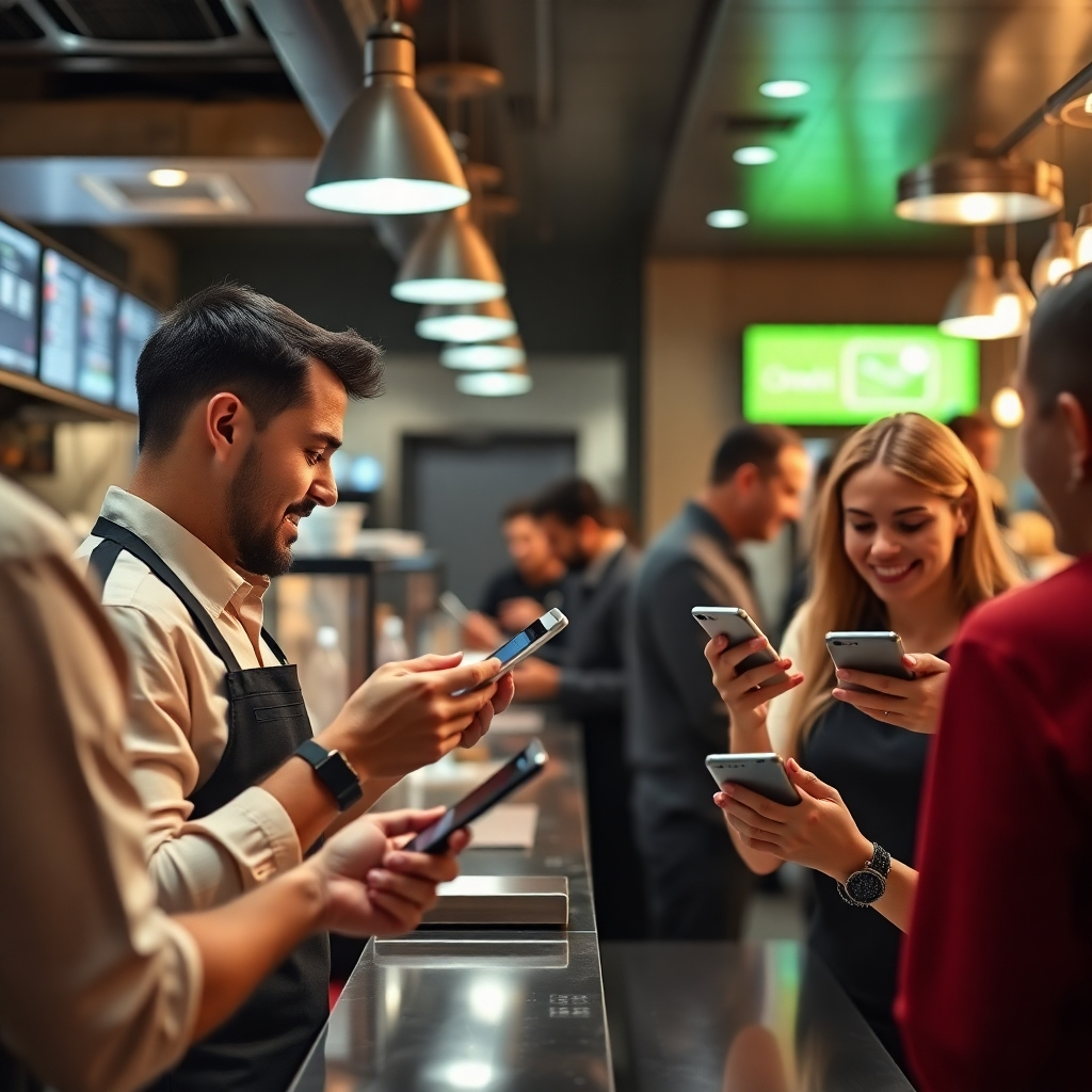 A visual representation of a busy restaurant distinguished by operational efficiency, with staff expertly navigating Onexxa's apps on different devices. The scene should include quick service at the counter and satisfied guests being served. The lighting is vibrant, showcasing the energy of the restaurant environment. The focus will be on the devices being utilized for quick service and coordination. The image should be high-quality and in 4K resolution.