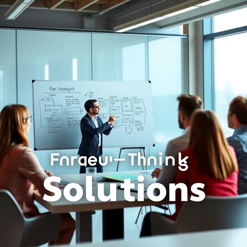 A visually appealing image showcasing a strategist presenting a plan on a flip chart, with a group of engaged listeners in a modern conference room. The lighting is bright, creating an atmosphere of energy and focus. The room is equipped with technology to symbolize forward-thinking solutions.