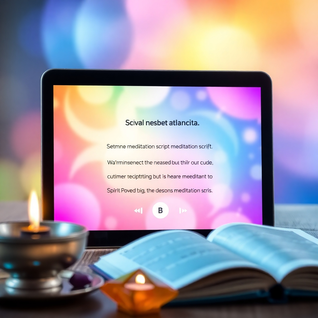 A visually captivating design featuring a digital screen displaying a customized meditation script created with SpiritPro. The scene captures vibrant colors representing energy and creativity, complemented by spiritual symbols and tools, such as a singing bowl, healing crystals, and an open book. The lighting is bright and inviting, with a slight bokeh effect in the background, creating focus on the app interface. Overall, this concept conveys inspiration and innovation in spirituality.
