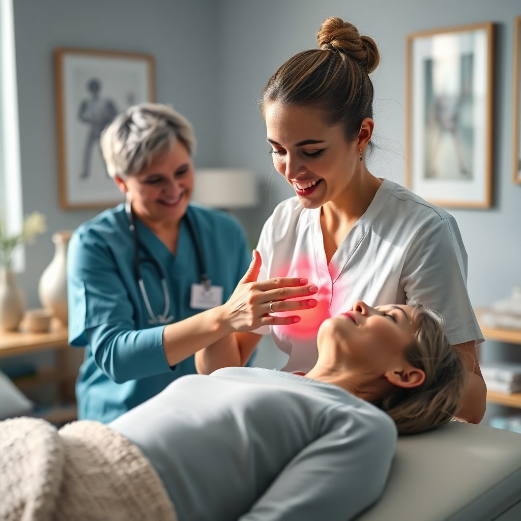 A visually dynamic image depicting a caregiver demonstrating pain relief techniques on a patient, radiating care and professionalism. The use of natural light accentuates the intimate setting, with a color palette that includes calm blues and creams. The camera angle focuses on the interaction between caregiver and patient, highlighting empathetic gestures. Elements in the background, such as gentle art and relaxation items, foster an ambiance of tranquility. Technical specs should capture the emotion intricately.