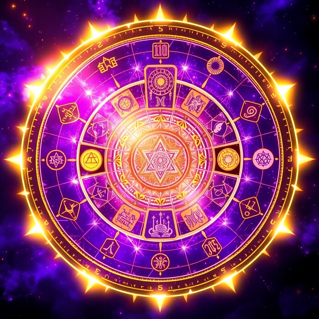 A vivid image showcasing a futuristic prediction circle that incorporates various tarot cards and astrological symbols, framed by glowing light. The dynamic composition includes purple and gold hues to create an otherworldly feel. With intricate details, the image resonates with the theme of preparation through enlightenment, enticing viewers to delve deeper into the offerings of DreamerPro.