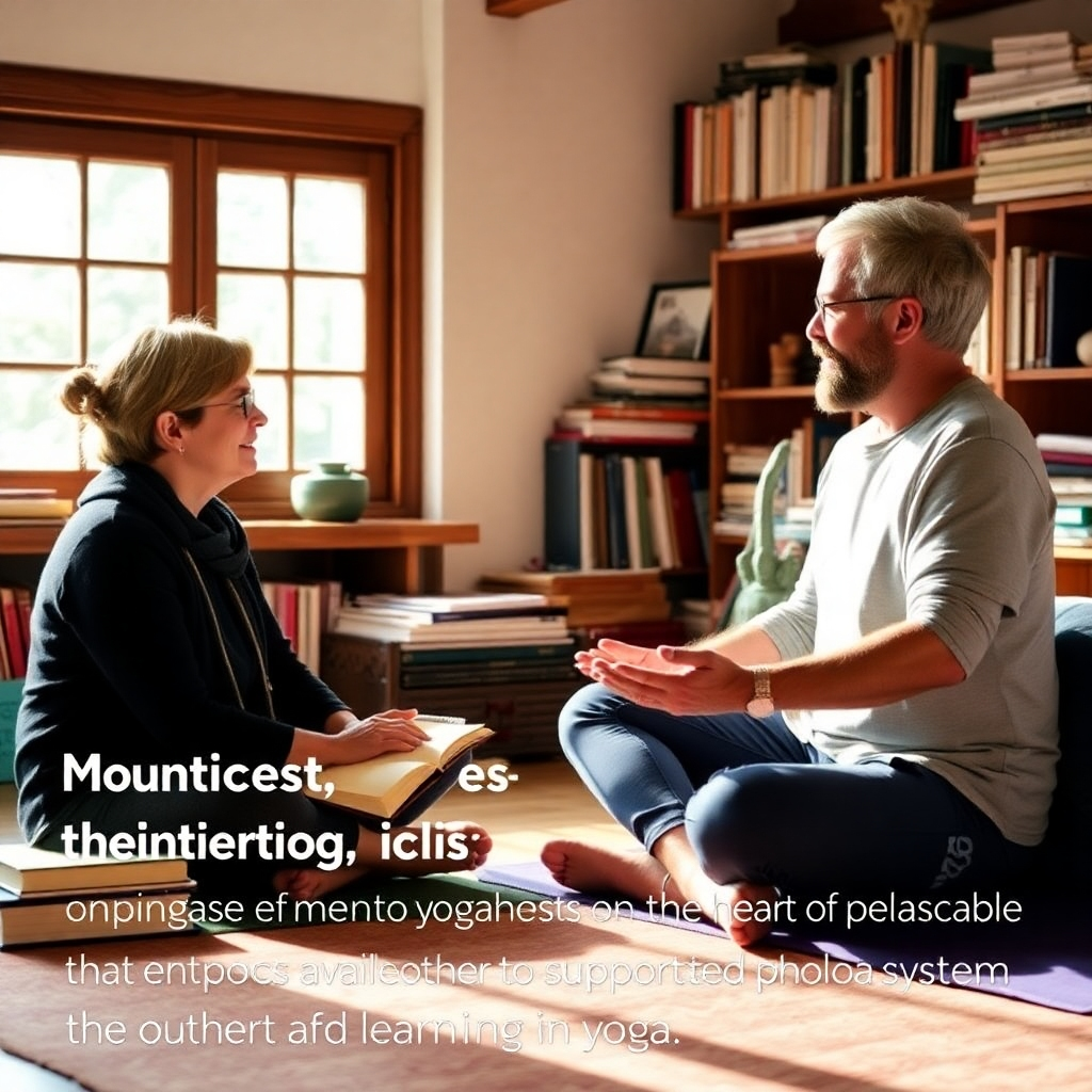A warm and inviting image showcasing a mentor and mentee in a discussion about yoga philosophy. Soft, natural light illuminates a cozy space filled with books and yoga materials. The mentor appears engaged and supportive, providing a nurturing learning environment. This visual represents connection, availability, and the support system offered through our program, resonating with the heart of community and learning in yoga.