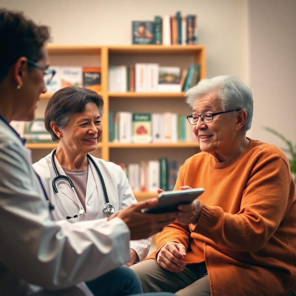  A warm, engaging scene portraying a patient discussing their health with a doctor via a digital tablet. The focus is on the interaction, highlighting the accessibility of information through AI technology. Soft, natural lighting creates a welcoming atmosphere, while the background reveals shelves filled with health resources. The color palette emphasizes earth tones, promoting a feeling of comfort and understanding. The image should be detailed and inviting, ideal for illustrating the human side of health tech.