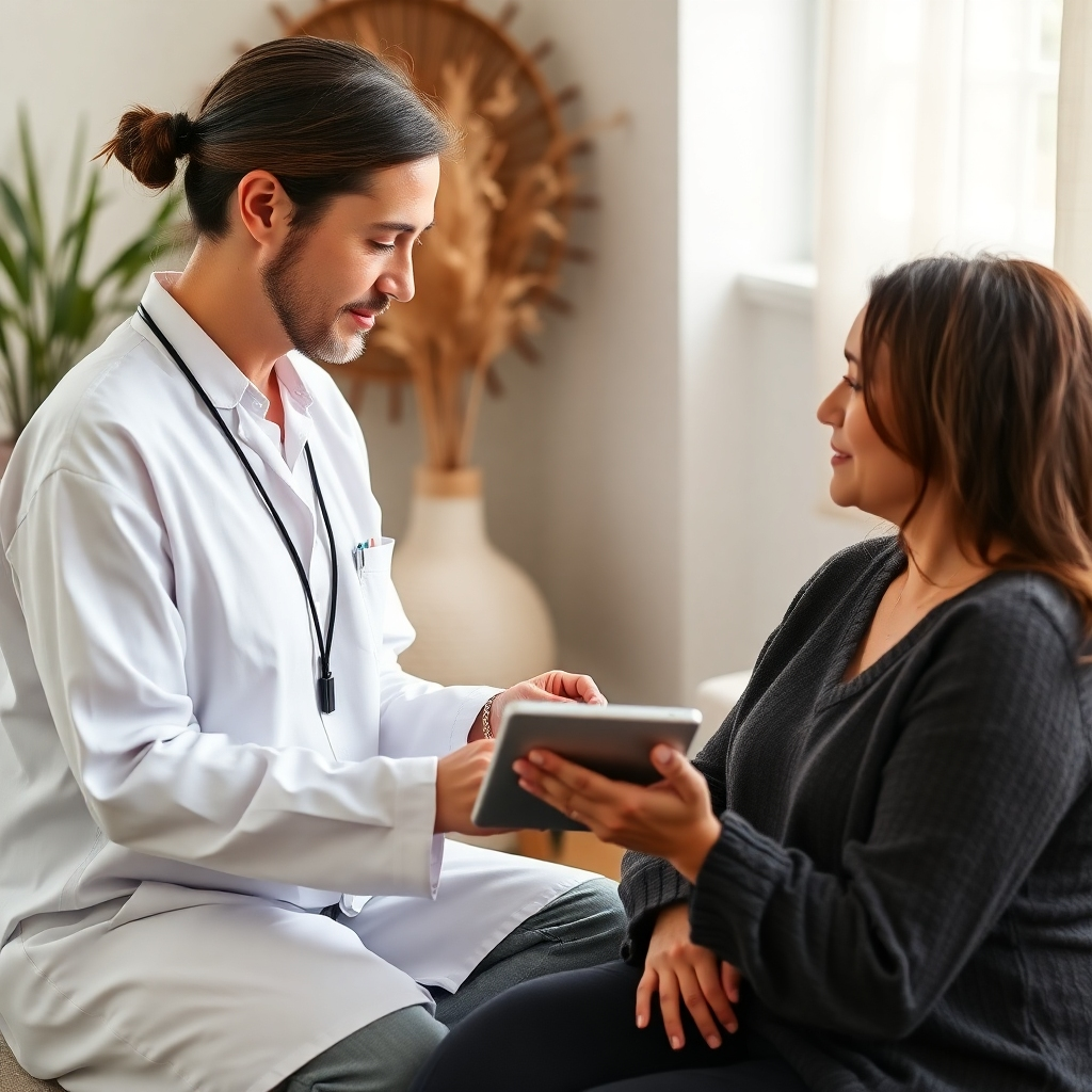 A warm, photorealistic image of a consultation between a wellness professional and a client, where both are engaged in discussion using a flexible digital tablet. The environment is cozy and inviting, with soft natural light and minimalistic decor. The use of natural textures harmonizes the space, emphasizing comfort. The camera angle captures both the professional's guidance and the client's kind inquiries, showcasing their connection. In high quality, resolution in 8K.