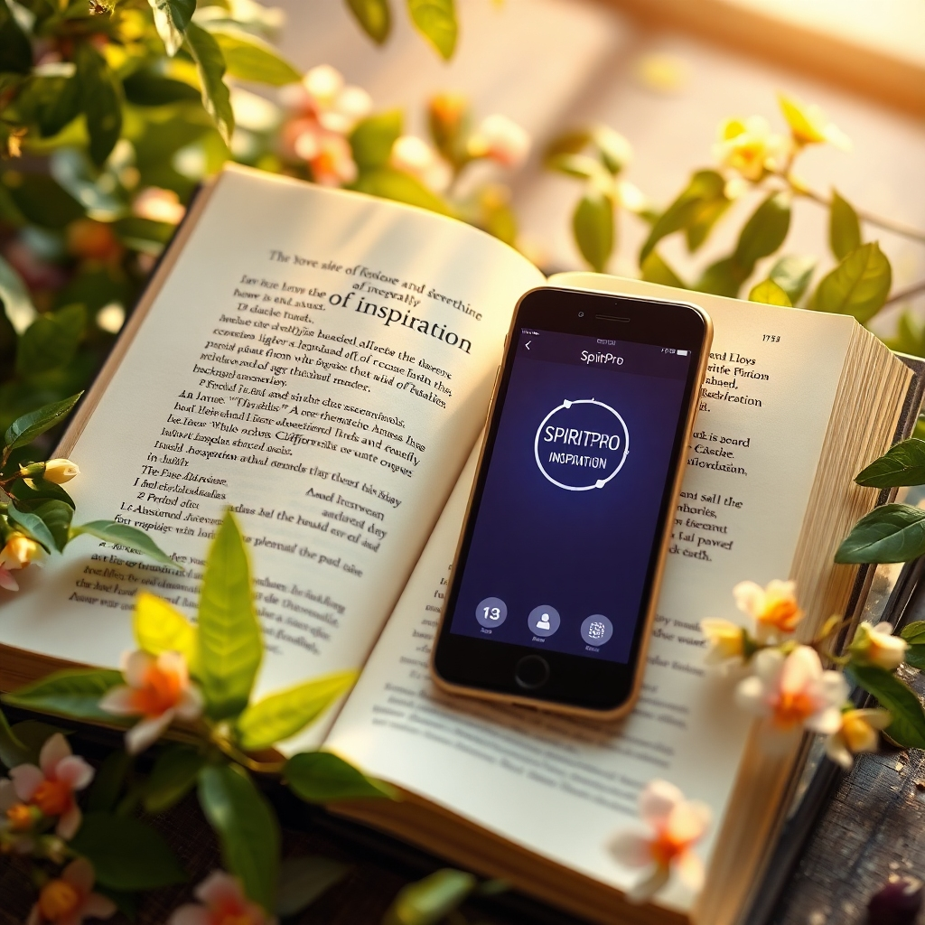 A wonderful open book next to a digital device showcasing the SpiritPro app, surrounded by elements of nature, like leaves and flowers, embodying inspiration. The photo has a warm glow, emphasizing innovation and spirituality. The camera angle emphasizes both the physical artistry of the book and the digital advancement of the application, beautifully blending the two realms.