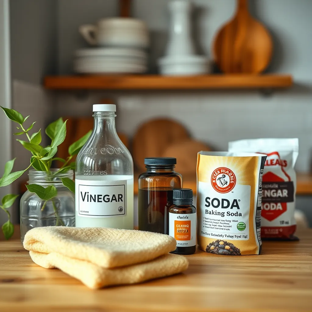 An aesthetically pleasing kitchen scene featuring jars of natural cleaning ingredients like vinegar, essential oils, and baking soda on a wooden countertop. Include a clean sponge and a plant, symbolizing environmental friendliness and health.