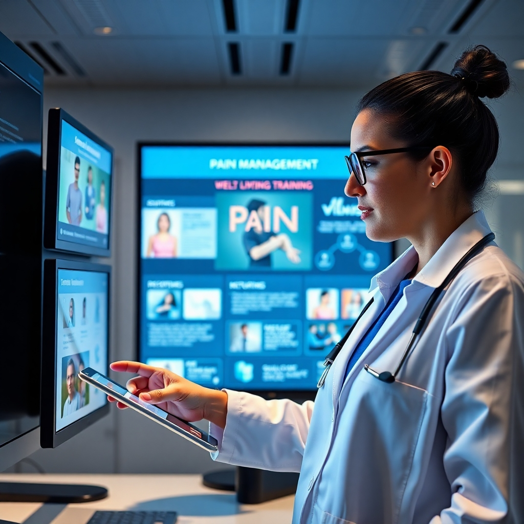 An artistic image illustrating a wellness professional exploring a digital training platform filled with resources on pain management. The composition showcases a tech-friendly environment with screens displaying educational content, highlighting innovation. The color scheme is modern with sleek blues and grays. The camera angle is slightly elevated, providing depth and focus on the professional's engagement. The image should be vivid, featuring sharp details in high definition.