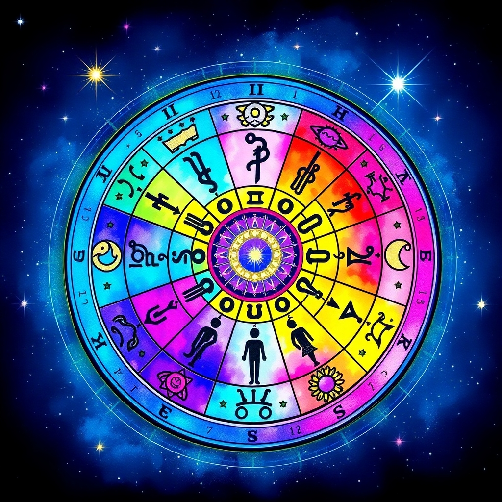 An artistic representation of a colorful astrology wheel chart, beautifully displayed with bright stars and constellations in the background. The colors are vibrant, mixing blues, purples, and yellows to create an engaging visual impact. The wheel is adorned with symbols and planetary icons, encapsulating the intricate nature of astrology and inviting viewers to explore their cosmic connections.