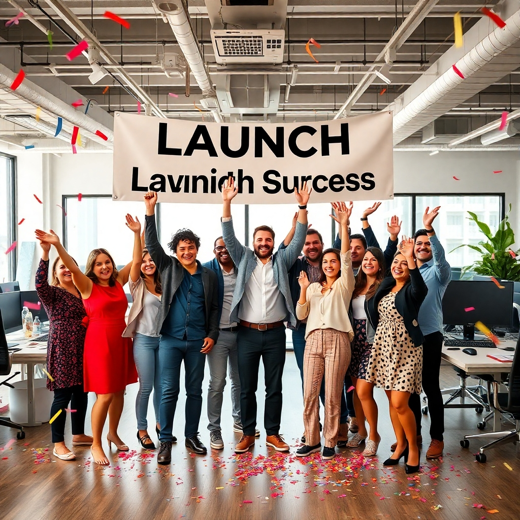 An artistic representation of a successful business launch, with celebratory visuals like confetti and a 'Launch Success' banner. In the foreground, a group of diverse individuals celebrates in a modern office space filled with technology and creativity, embodying joy and accomplishment.