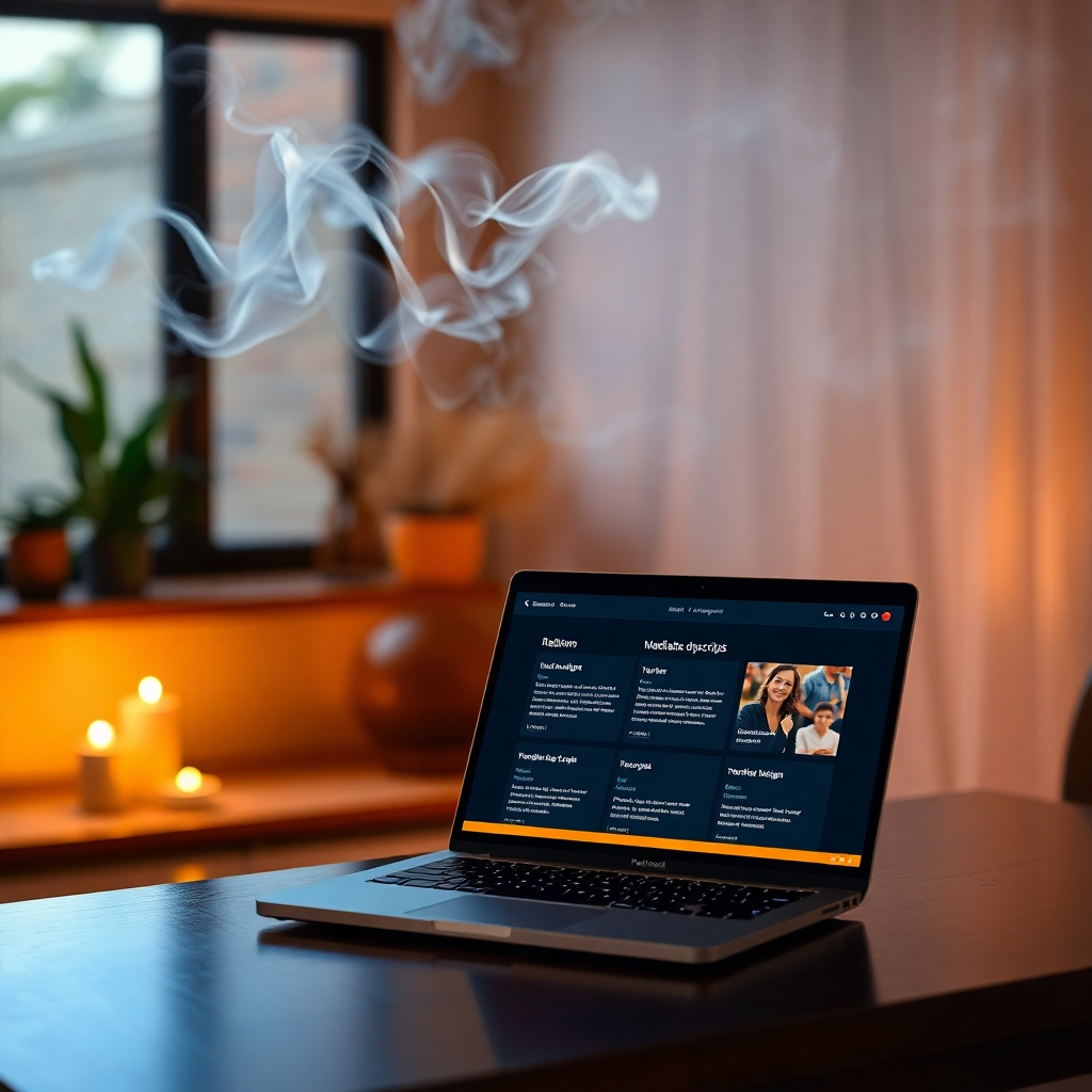 An atmospheric indoor scene where relaxing whispers of incense smoke curl and fade. On a serene table, a laptop showcases the SpiritPro interface with beautifully designed meditation scripts. The environment features a soft color palette of warm earth tones, complemented by ambient lighting that creates a serene emotional connection, emphasizing the blend of tranquility and technology.