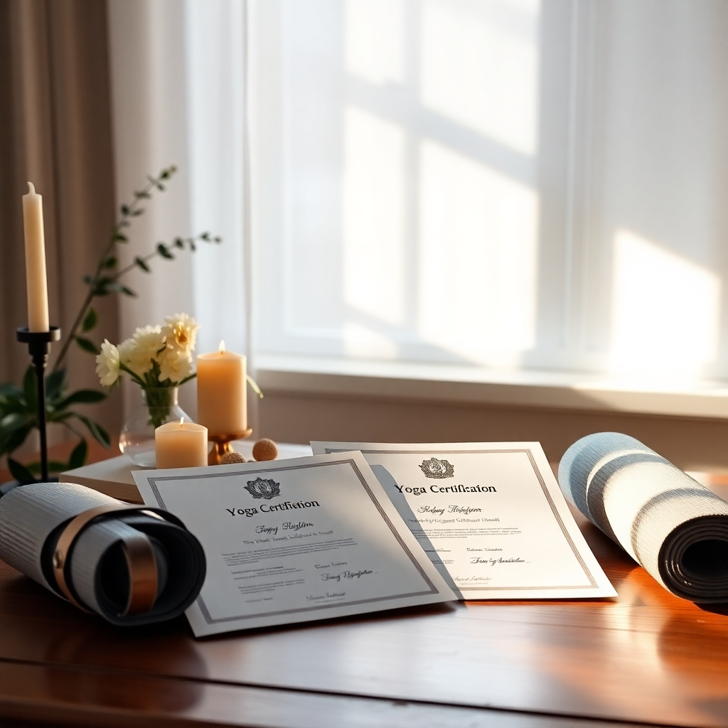 An elegant image featuring yoga certification documents elegantly displayed on a desk. Soft sunlight streams in through a window, casting gentle shadows. The scene includes calming decorations like candles, flowers, and a yoga mat subtly placed, representing a balance between study and practice. Details like texture on the paper and the gentle glow of a candle enhance the image's warmth and professionalism, conveying the importance of accreditation in a yogi's journey.
