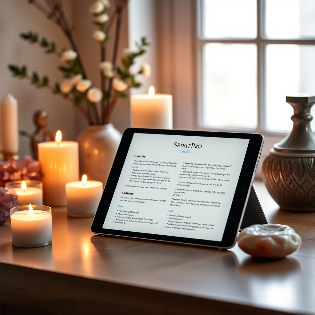 An elegant workspace that highlights a sleek digital tablet showing the SpiritPro meditation script layout. Surrounding the tablet are calming artifacts like candles and crystals. The soft lighting casts a warm glow, reflecting a nurturing environment where inspiration flourishes, visually suggesting tranquility and focus.