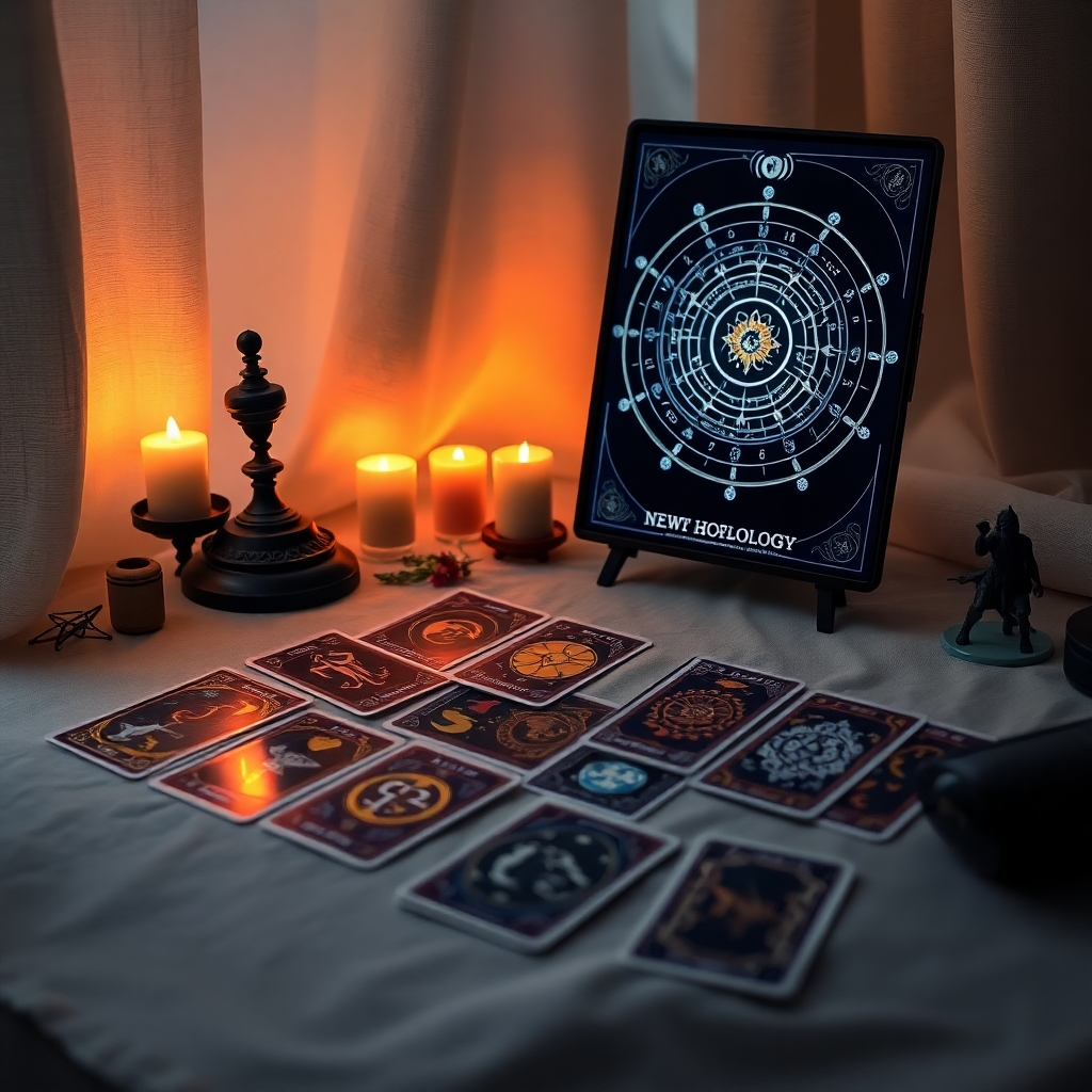 An enchanting setup showing a collection of tarot cards laid out on a table next to a high-tech astrology chart displayed on a screen. Soft, ambient light bathes the scene, enhancing the mystical atmosphere. The card designs are intricate, featuring rich colors and patterns that invite exploration. The image captures the fusion of traditional and modern esoteric practices, crafted with an artistic touch.