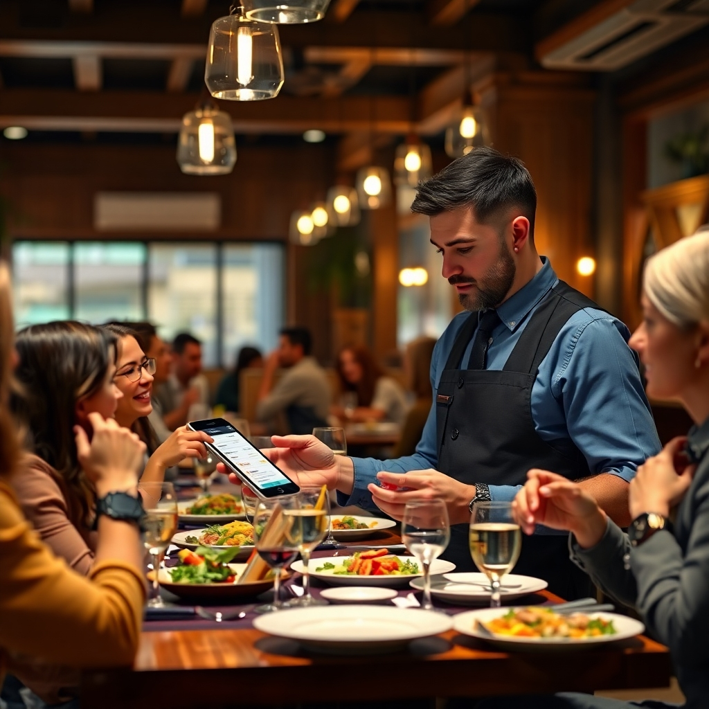 An engaging image capturing a waiter discussing the menu with a group of eager customers while using the Onexxa app to showcase menu features. The restaurant scene should be lively, with diners enjoying their meals and engaging with the environment. Dual lighting conditions should highlight the app screen on the waiter's device, while ambient restaurant lighting creates a warm atmosphere. This image should be photorealistic and in 8K resolution.