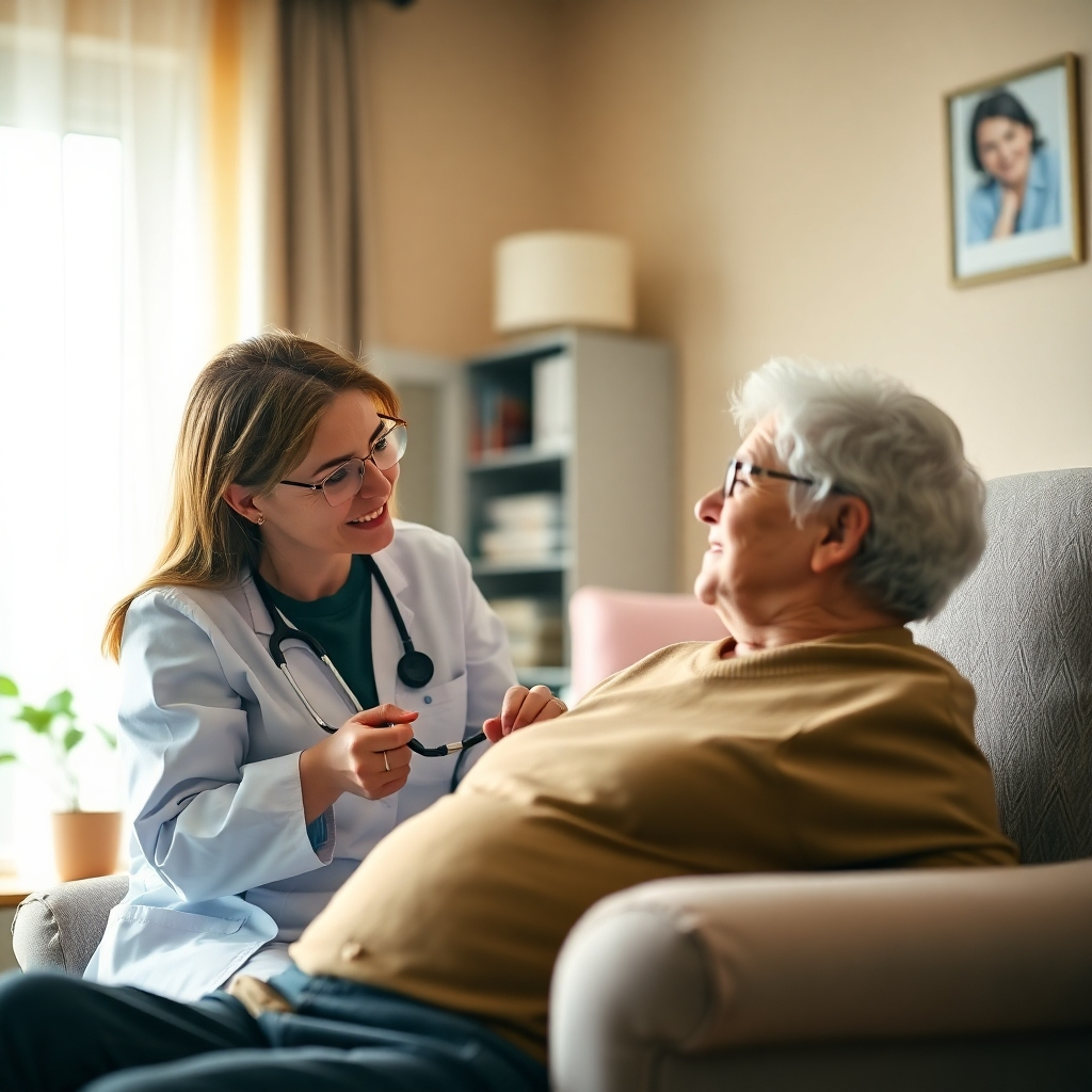 An engaging image illustrating a caregiver thoughtfully assessing a patient’s needs, surrounded by a homely environment. The lighting should be soft, with a warm color palette highlighting warmth and care. The camera angle should capture the attentive expressions of both the caregiver and the patient, with props like health assessment tools and a comforting armchair enhancing the scene. This image should resonate with personal connection and understanding. Technical specs must be high definition and inviting.