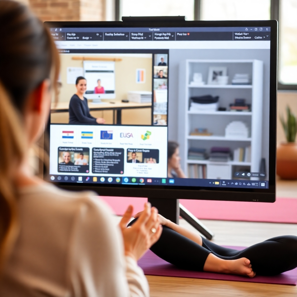 An engaging image of an instructor leading an online webinar session. The setting includes a well-organized virtual classroom on screen, showing comprehensive course material and visual aids. The instructor appears passionate and knowledgeable, creating a captivating atmosphere. Soft lighting highlights the focus on learning while background elements hint at a well-equipped yoga studio. The vibrancy and clarity of the image should resonate with the dedication to thorough course content.