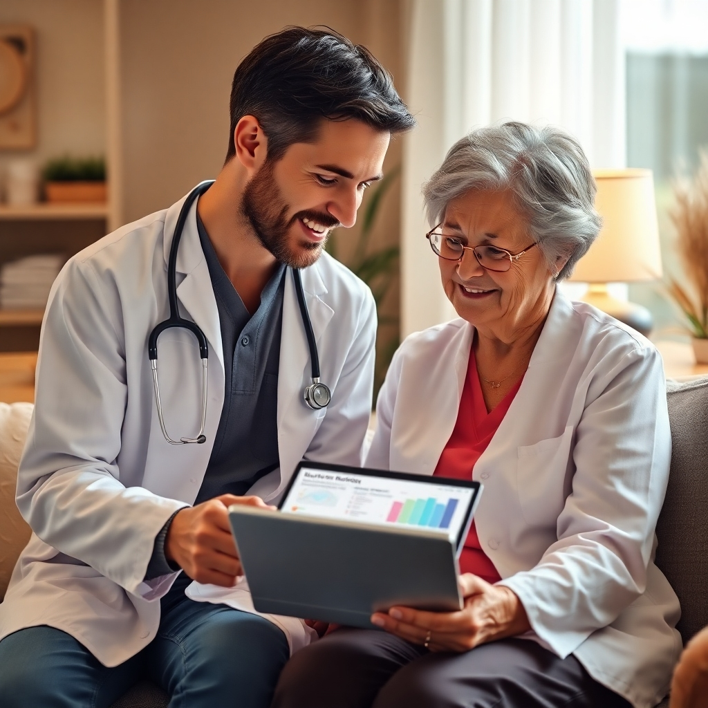 An engaging scene depicting a healthcare professional discussing with a patient while reviewing a personalized health report on a tablet. The environment is warm and inviting, with soft lighting and earthy tones promoting relaxation. The focus is on the interaction, showcasing compassion and professionalism while technology aids the process. The surrounding elements should reflect a patient-centric ambiance, enhancing the narrative of personalized care.