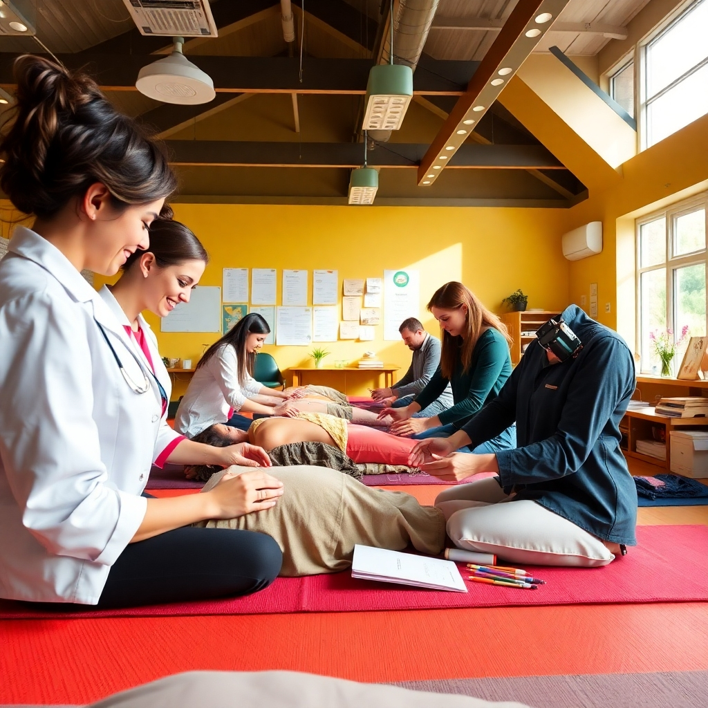 An engaging scene of a hands-on workshop where professionals practice various techniques such as acupuncture or massage in pairs. The room is vibrant, filled with light, and decorated with educational materials. The atmosphere is friendly and collaborative, encouraging interaction. Props include mats, manuals, and various treatment tools. The camera angle captures a dynamic moment of learning, emphasizing the tactile experience. The image should be detailed and bright, produced in 4K resolution.