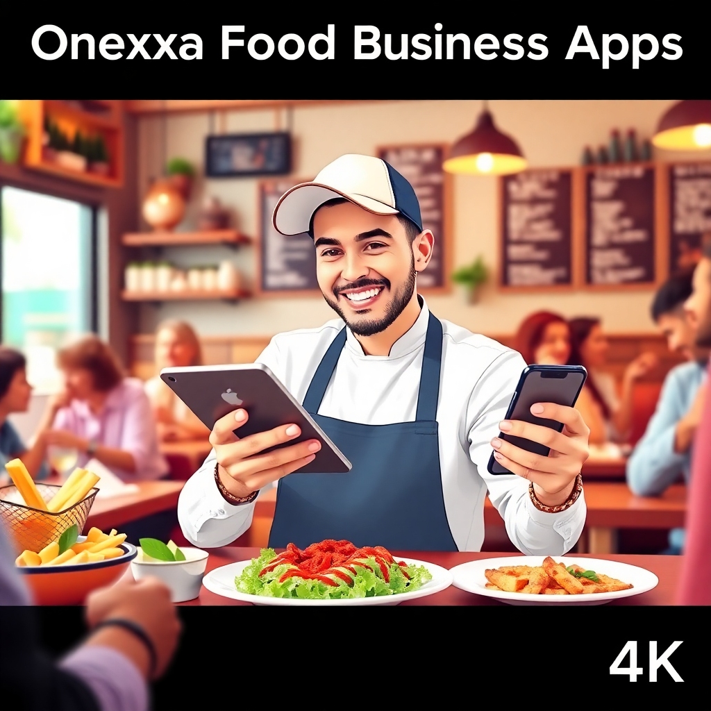 An engaging, stylized image representing the mission of Onexxa Food Business Apps. The visual should show a friendly entrepreneur interacting with both apps on a sleek tablet and smartphone, surrounded by delicious food and satisfied customers. Bright, energetic colors should embody the spirit of small businesses. The setting is a cozy restaurant, with details like a welcoming menu and customers enjoying their meals. The composition needs to evoke warmth and professionalism, making it clear that Onexxa supports food business success. This high-quality image should be in 4K resolution.
