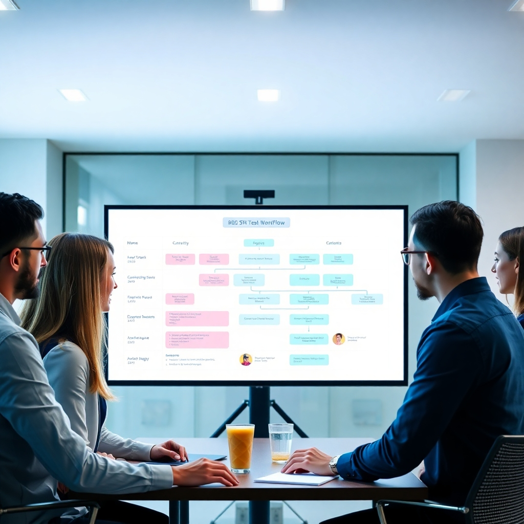 An engaging visual of a digital workflow chart displayed on a screen, surrounded by collaborative team members discussing strategies. The lighting is bright and focused on the screen, illustrating clarity and productivity. The modern office setting features sleek, minimalist decor that fosters creativity.