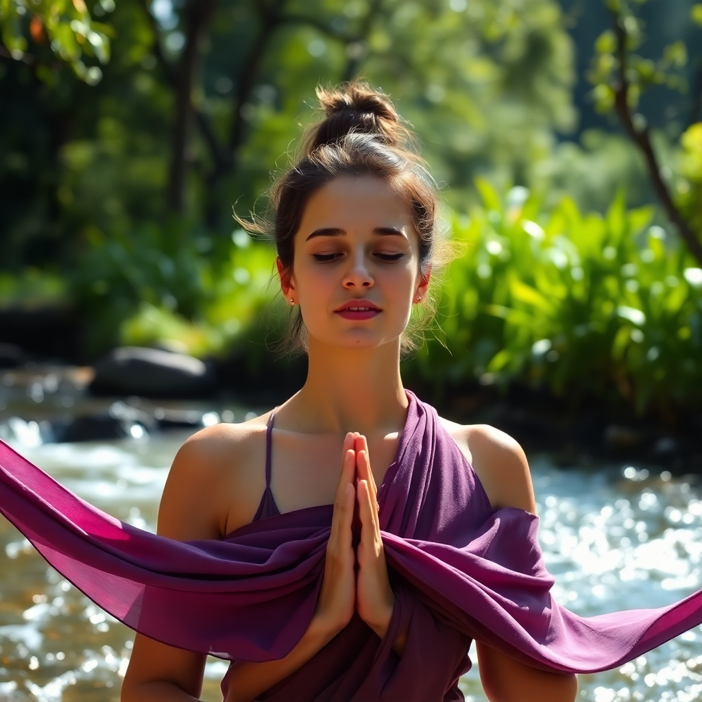 An evocative image of a yogi practicing advanced breathwork techniques in a peaceful outdoor setting near flowing water. The scene is serene, with natural light shimmering off the water and vibrant greenery all around. A close-up angle captures the yogi's serene expression as they focus on their breathing, with flowing fabric representing energy and movement. This high-quality image emphasizes the importance of Kriya and breathwork in deepening one's yoga practice.