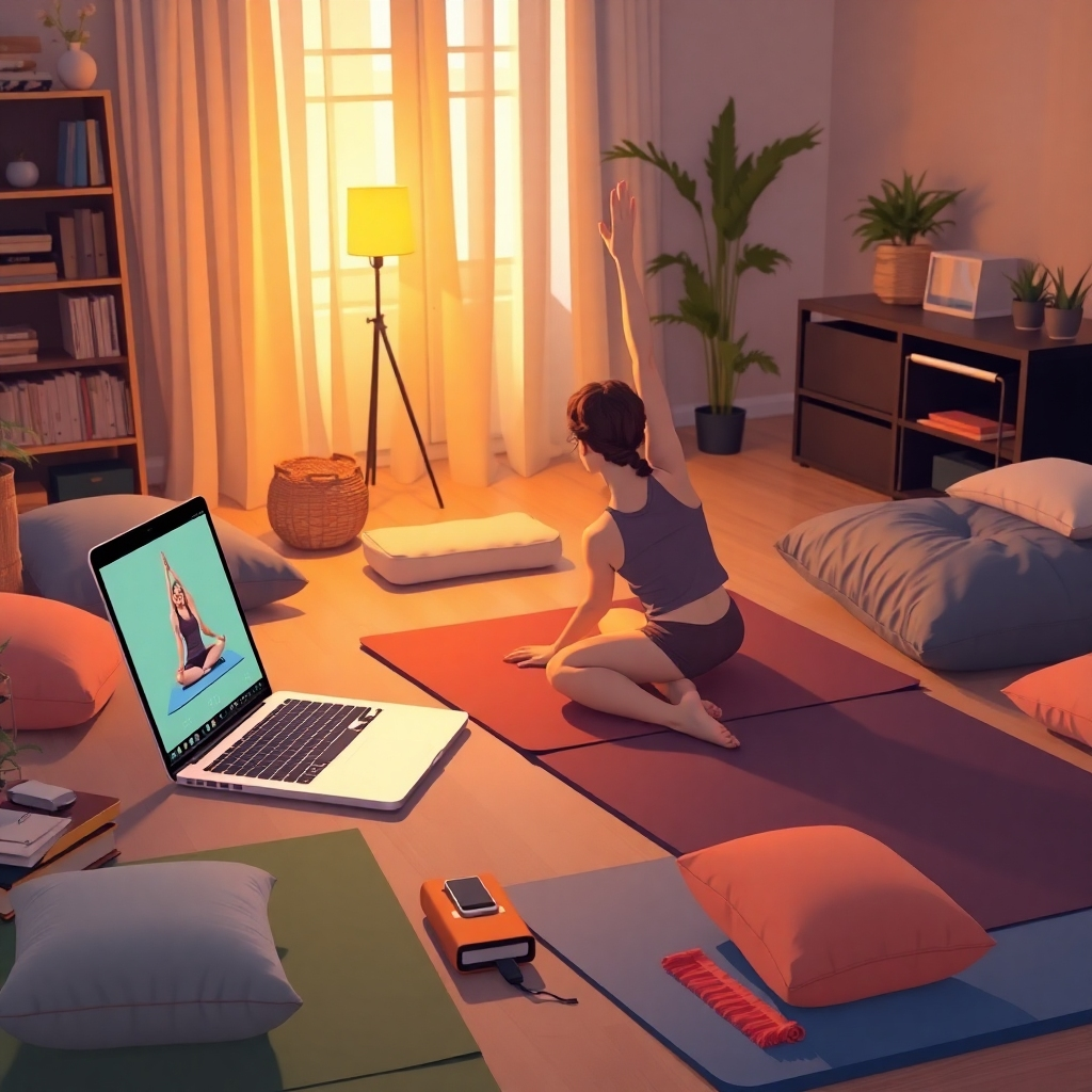 An illustrative image portraying the flexibility of online yoga teacher training. The scene includes a laptop setup with a student practicing yoga at home while following a live stream class. Warm lighting enhances the atmosphere of comfort and determination. Yoga mats, cushions, and various props are scattered around to create a dedicated practice space, symbolizing accessibility and personal adaptation in training.