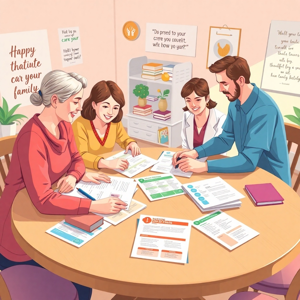 An illustrative image showing a caregiver drafting personalized care plans with input from a family on a round table, surrounded by supportive materials. The composition includes bright and inviting lighting, reinforcing a hopeful atmosphere with colorful care templates laid out. The camera angle captures collaborative effort, highlighting thoughtful discussions among family. Background elements like nurturing quotes and resource materials enhance the setting. Technical specs should emphasize clarity and connection.