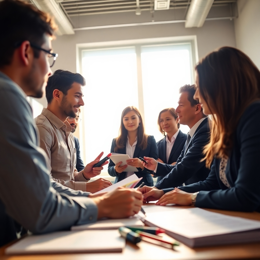 An image illustrating a group of professionals in an educational setting, engaged in a collaborative training session. The ambiance is lively with interactive discussions happening. Natural light floods the room, creating an inviting atmosphere. Props include learning materials and tools for practical demonstrations. The camera angle captures a dynamic exchange, emphasizing engagement and interest. The image should be clear and engaging, in 4K resolution.