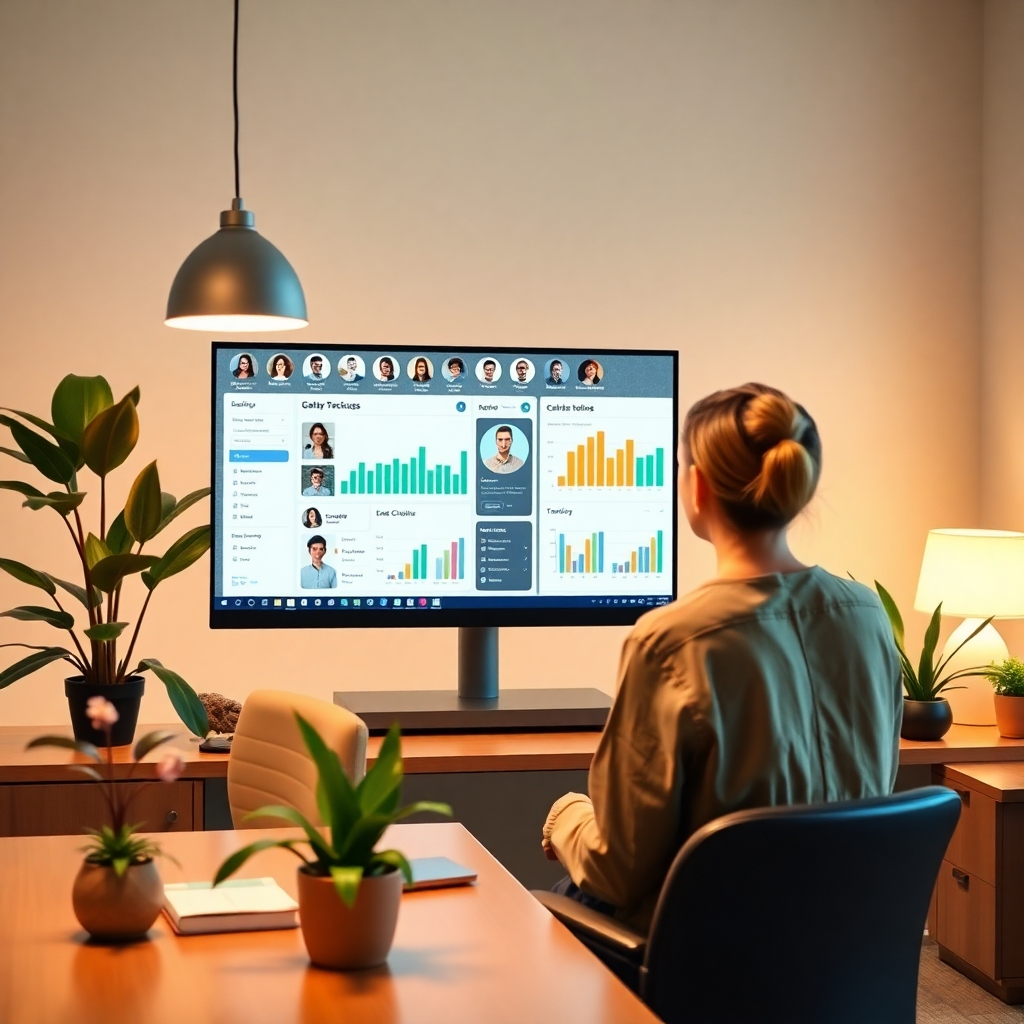 An image of a therapist surveying their digital client management dashboard, full of client profiles and progress tracking visuals. The office is modern and bright, adorned with plants to enhance the soothing atmosphere. Utilize warm lighting and polished surfaces to reflect the organized approach made possible by TherapyPro.