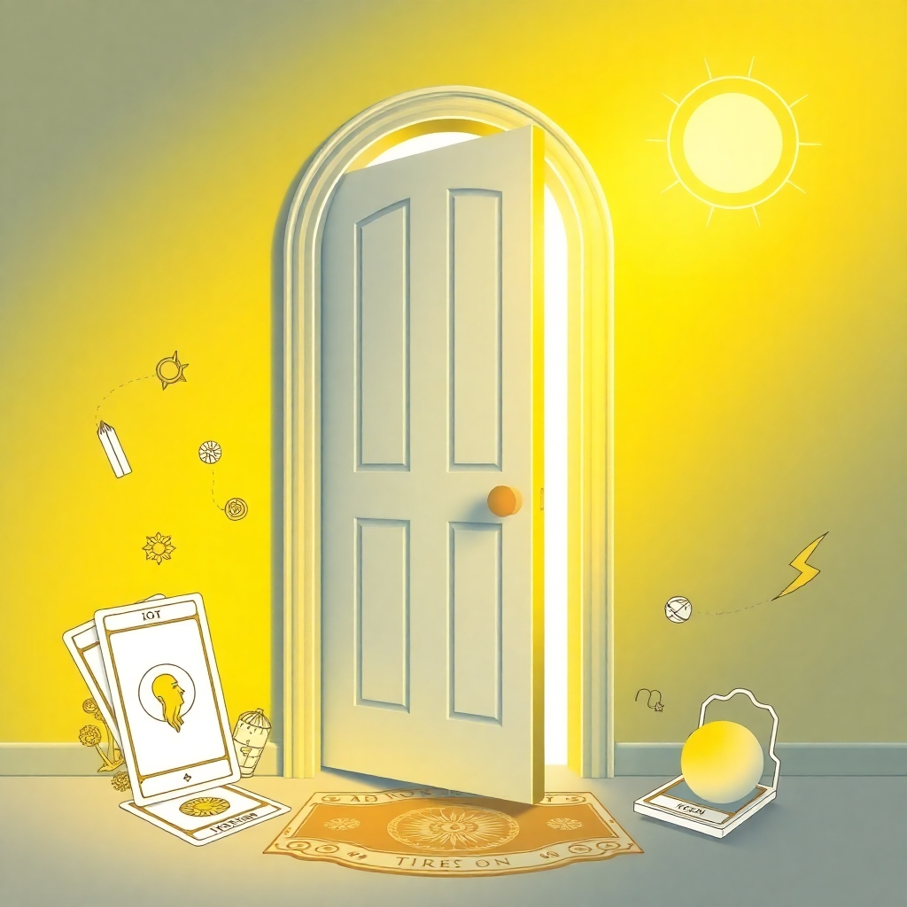 An imaginative concept of a door ajar revealing a bright light, symbolizing the opening of new opportunities. Surrounding the door are illustrations of tarot cards and zodiac signs that hint at possibilities awaiting discovery. The color scheme predominantly uses yellows and whites for a hopeful feel, invoking curiosity in the viewer about what lies beyond the door, produced in high resolution.