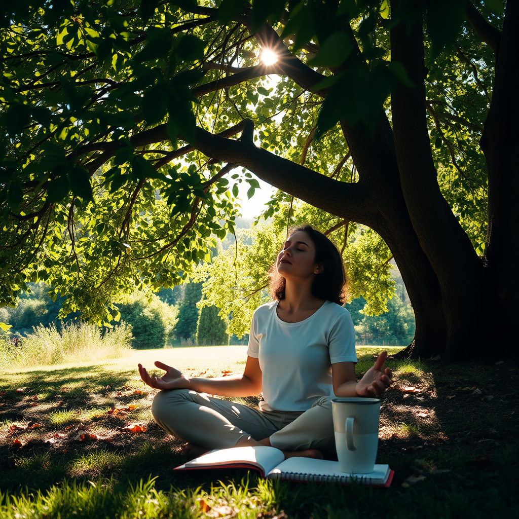  An immersive image featuring an individual surrounded by calming nature—sitting under a tree with their eyes closed in a meditative state. The scene intensely captures the interplay of shadows and sunlight filtering through the leaves, creating a dappled effect on the ground. Props like a journal and a cup of herbal tea are nearby, reflecting a peaceful moment of self-care and mindfulness. The overall feel should be serene and supportive, enhancing the connection between nature and emotional well-being.