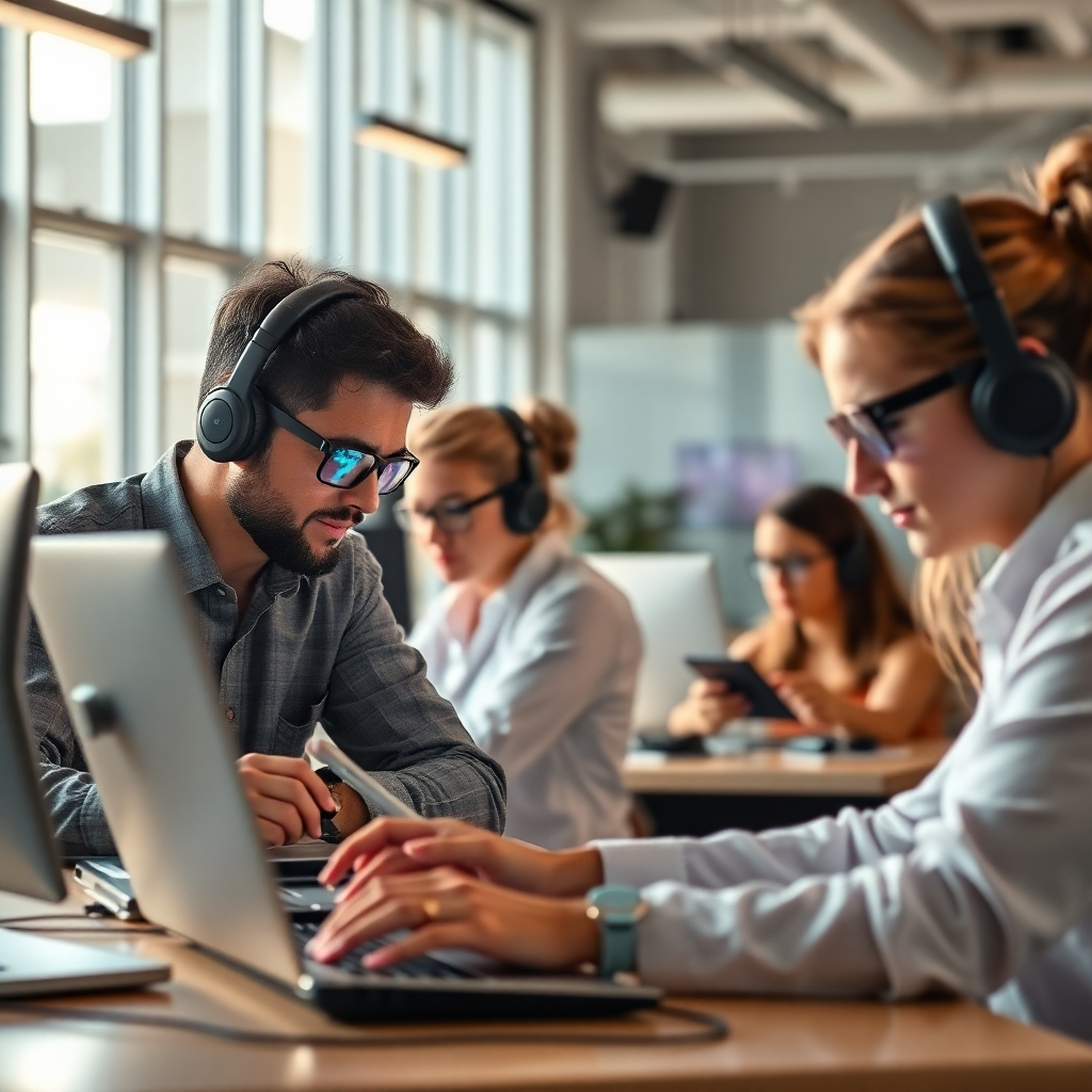 An impressive workspace image featuring team members working efficiently with futuristic tech gadgets, all focusing on productivity. The environment is filled with natural light enhancing creativity and clarity, with a color palette emphasizing warm, energetic tones.