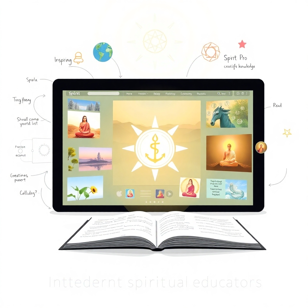 An infographic-style scene where various media are displayed through SpiritPro's interface, blending seamlessly digital techniques with traditional handwritten notes. The environment includes inspiring spiritual artwork and symbols, reflected in a soft glow emphasizing knowledge. The image suggests an intersection of wisdom and creativity, perfect for modern spiritual educators.
