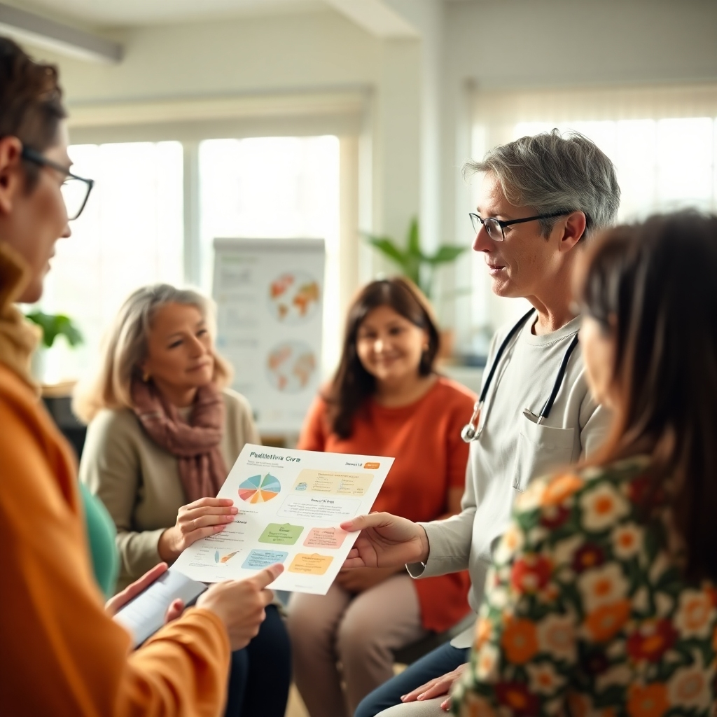An informative image showcasing a caregiver explaining palliative care concepts with visual aids to a group of family members. The lighting should be bright and encouraging, using a palette of greens and oranges to denote hope and health. The camera angle captures the engagement of all participants, emphasizing attentiveness and learning through interaction. Relevant props like charts and resources should be visible, elevating the educational atmosphere. Technical specs should showcase clarity and focus.