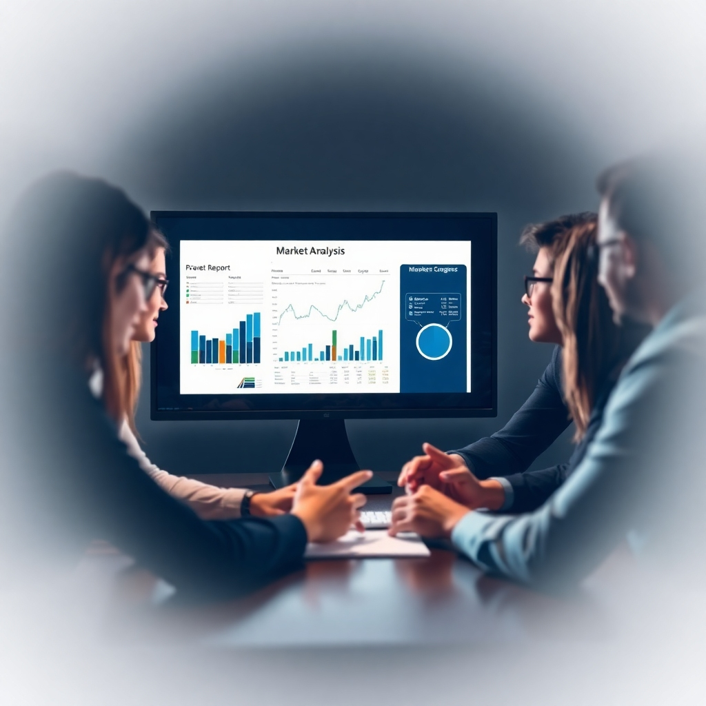 An insightful image showcasing a market analysis report on a screen, surrounded by team members analyzing data. The focus is on a group actively collaborating, with bright lighting highlighting their engagement in discussion.