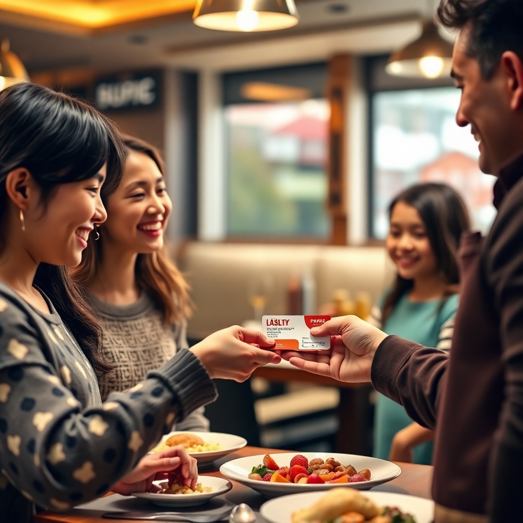 An inspiring image of a family giving their loyalty cards to a restaurant staff member, smiling with anticipation. The background features a cozy dining setup with delightful dishes. Soft, warm lighting enriches the friendly atmosphere as staff engage with customers. The loyalty program displayed on the card should be highlighted, showcasing its enticing offers. This image should be photorealistic and in 4K resolution.