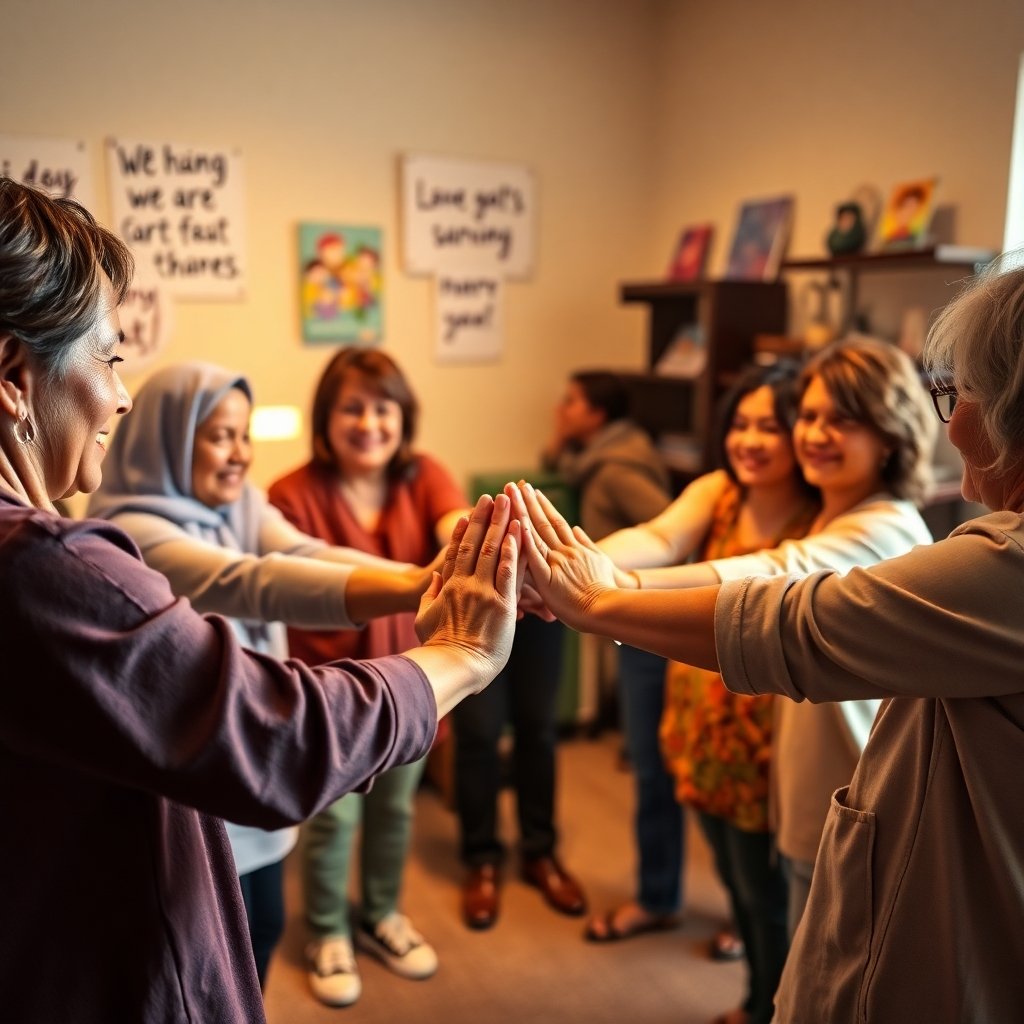 An inspiring image representing a support group of caregivers holding hands in a circle, signifying unity and strength. The warm, ambient light enhances the emotional connection, with colors that are muted yet vibrant, complementing skin tones. The camera angle invites viewers into the circle, capturing the hopeful expressions of participants. Surrounding elements such as encouraging wall art and community resources create a nurturing environment. This scene emphasizes the power of support networks. Technical specs should reflect warmth and clarity.