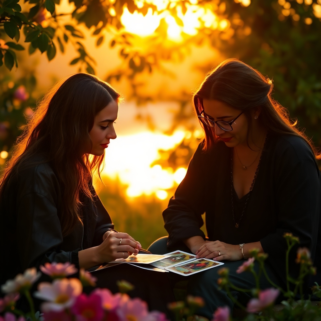 An inspiring image showing two individuals engaged in a deep discussion over tarot cards in a serene outdoor setting, illuminated by the golden light of sunset. The natural environment features lush greenery and soft flowers, enhancing the feeling of tranquility. The warm colors of sunset and detailed expressions engage viewers, emphasizing the personal growth aspect of the experience.