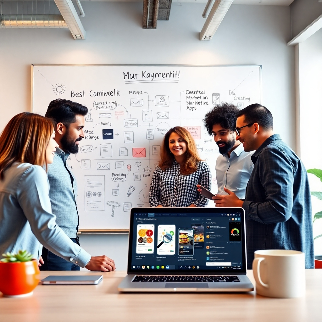 An inspiring photorealistic scene displaying a diverse team brainstorming marketing strategies using Onexxa Food Business Apps. The setting is a modern office space with a whiteboard filled with creative ideas and app visuals, showcasing the growth potential. The lighting is bright and motivating, emphasizing collaboration and innovation. The angle captures both the interactive discussions and the app screenshots on a laptop screen. This high-quality image should be in 8K resolution.