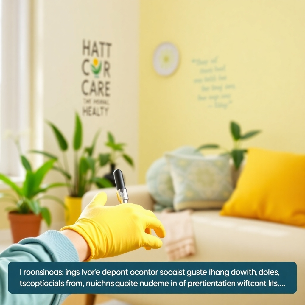 An instructional image showing a caregiver utilizing caregiving tools in a home setting. The bright and inviting lighting complements the cheerful color palette of greens and yellows. The camera angle focuses on the caregiver's hands skillfully using medical equipment or guides, blending technical focus with human interest. Background elements include healing plants and uplifting quotes related to care. The atmosphere radiates positivity and readiness, highlighting essential tools for effective support. Technical specs should be clear and sharp, showcasing detail.
